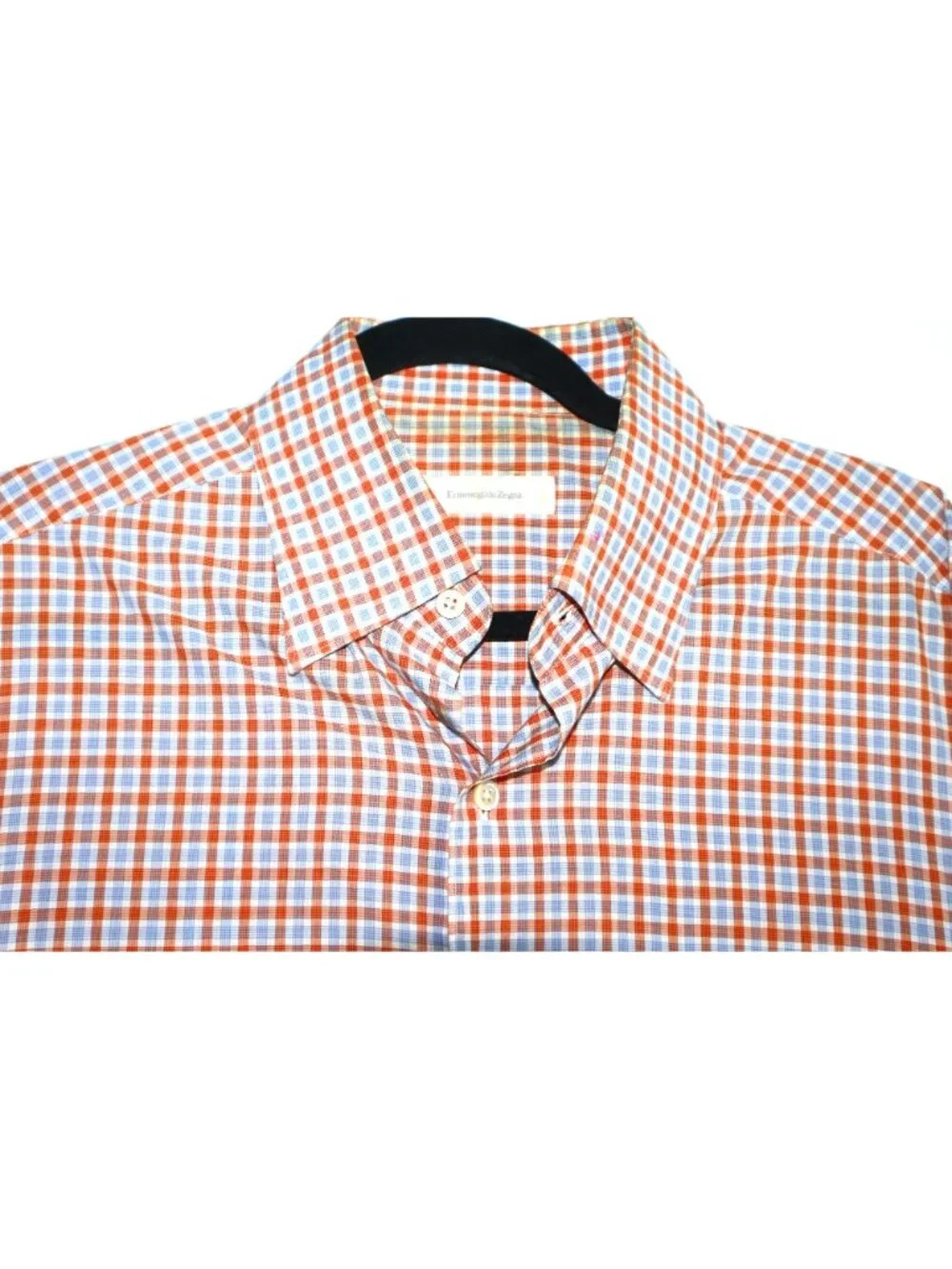 Ermenegildo Zegna Check Dress Shirt L Orange Blue Button Front Made in Italy